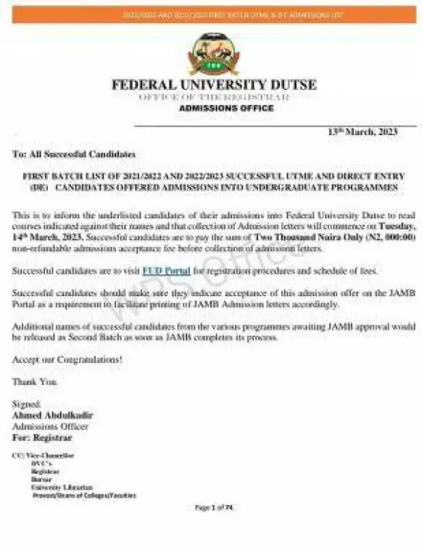 FUDutse releases first batch admission list, 2021/2022 & 2022/2023