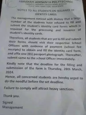 AAPOLY notice to all students on issuance of identity cards