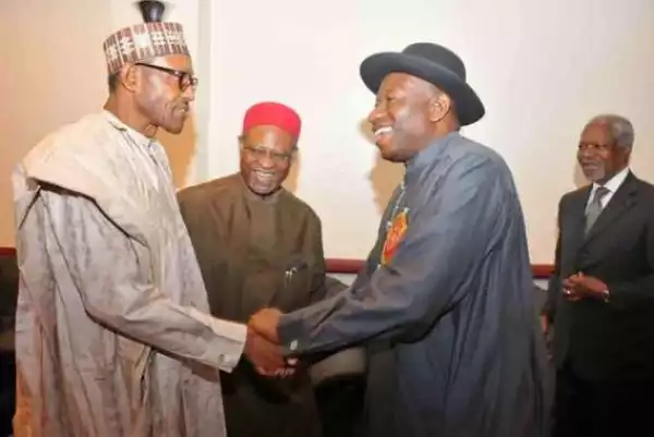 Jonathan And Buhari Shake Hands & Asking  Each Other How Their Campaigns Are Going