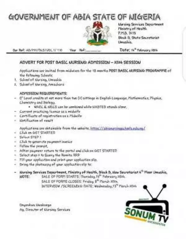 Abia State school of Nursing Post Basic Nursing Admission, 2024