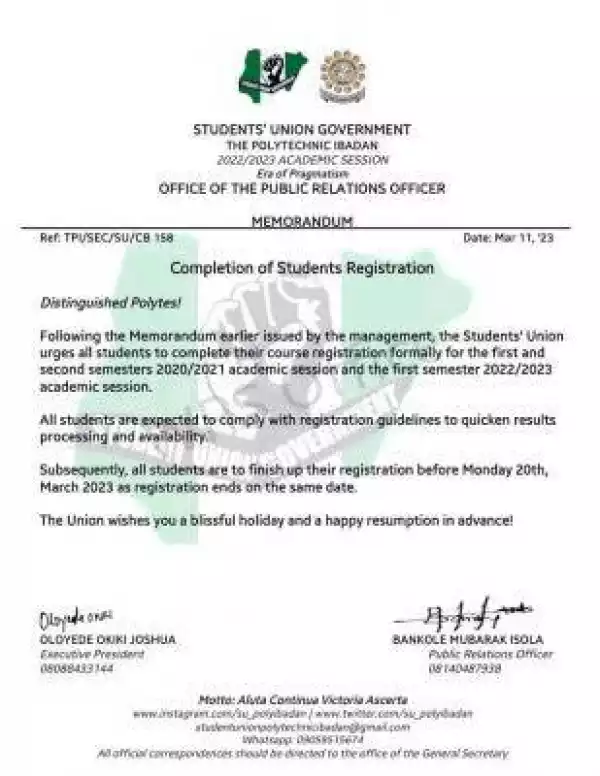 Ibadan Poly SUG notice on completion students registration