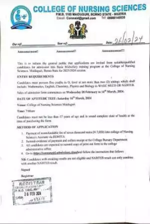 College of Nursing Sciences, Maiduguri releases Basic Midwifery admission form, 2023/2024