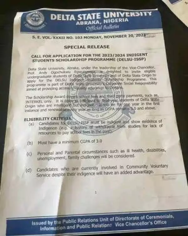 DELSU application for the 2023/2024 Indigent Students