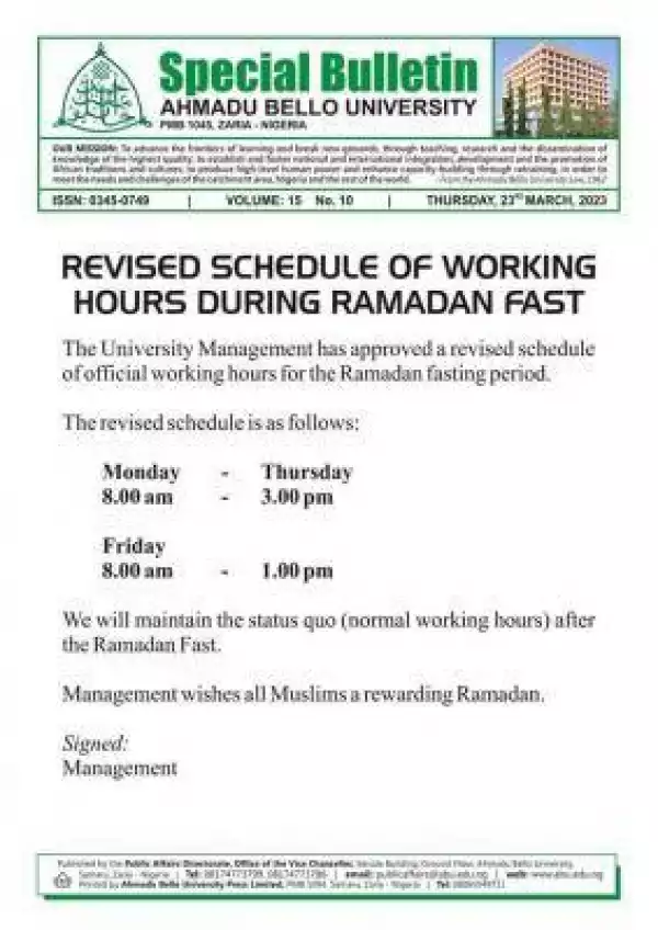 ABU revised working hours during Ramadan