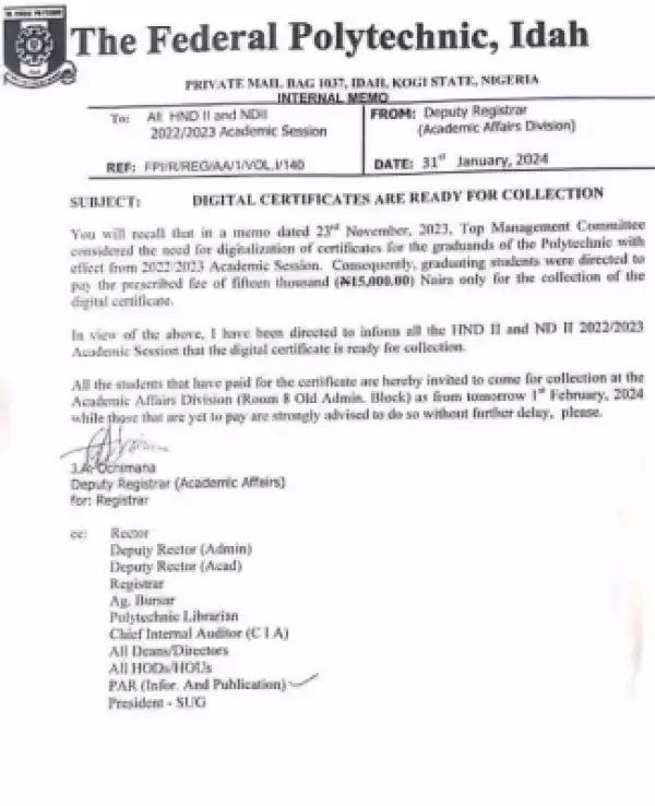 Fed Poly Idah notice on digital certificate availability for collection