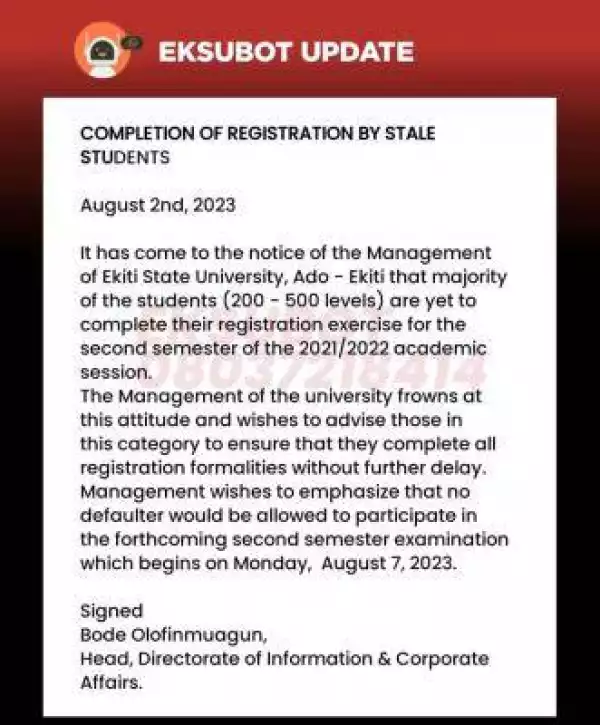 EKSU notice to Students on completion of registration