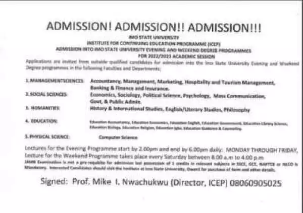IMSU admission into Evening and weekend degree programmes, 2022/2023
