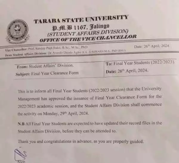 TASU notice to final year students on issuance of final year clearance, 2022/2023