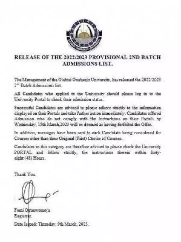 OOU releases 2nd Batch Admission List, 2022/2023