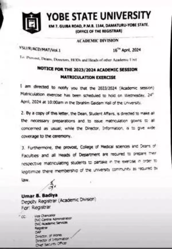 Yobe State University notice of Matriculation ceremony for 2023/2024 session