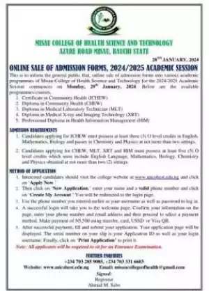 Misau College of Health Tech online sales of admission forms for 2024/2025 session
