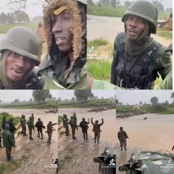 Trending Video Of Nigerian Soldiers Working In The Rain (Photos)