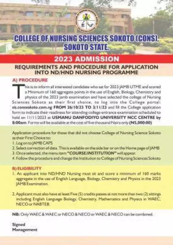 College of Nursing Sciences, Sokoto admission into ND/HND Nursing programme - 2023