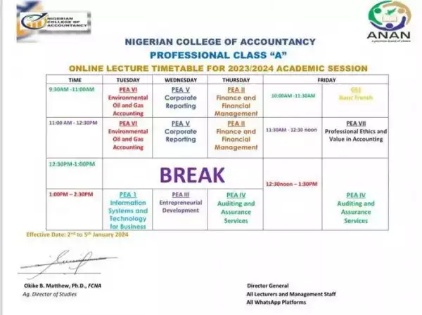 Nigerian College of Accountacy online lecture timetable, 2023/2024