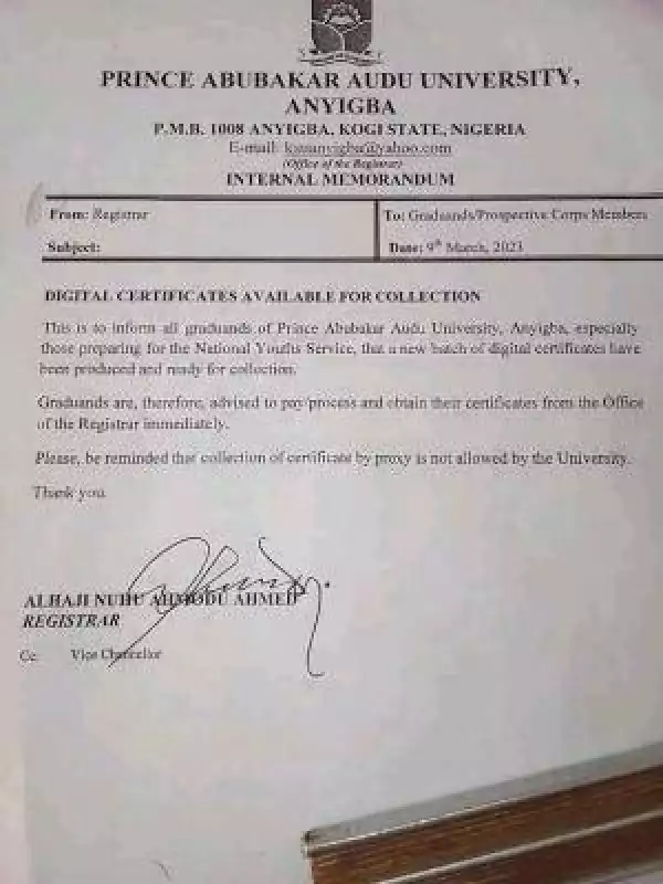 PAAU notice to all graduands/NYSC on collection of digital certificates