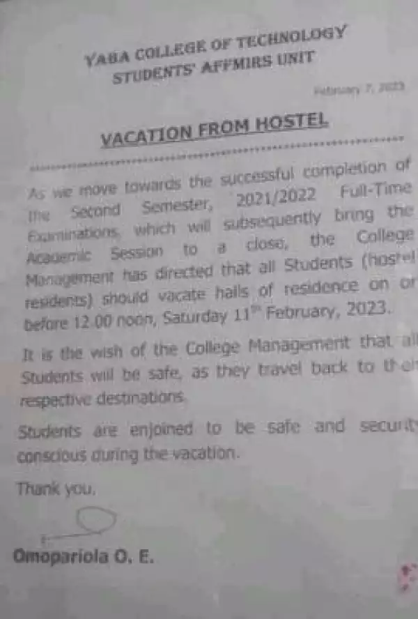 YABATECH notice on vacation from hostel