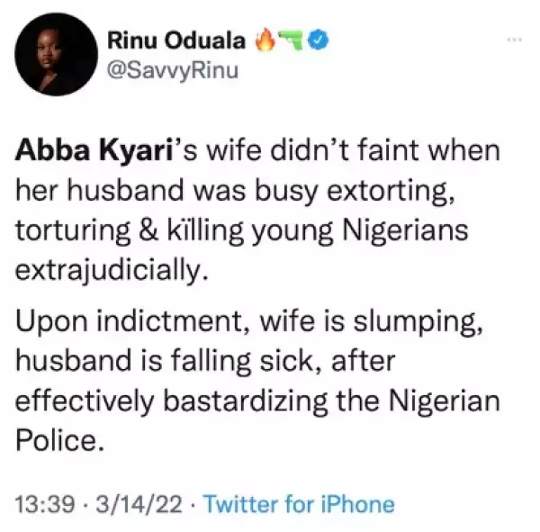 Abba Kyari’s Wife Didn’t Faint When Her Husband Was Busy Extorting Nigerians – Activist Rinu