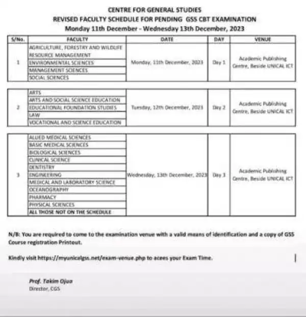 UNICAL releases revised GSS CBT examination timetable