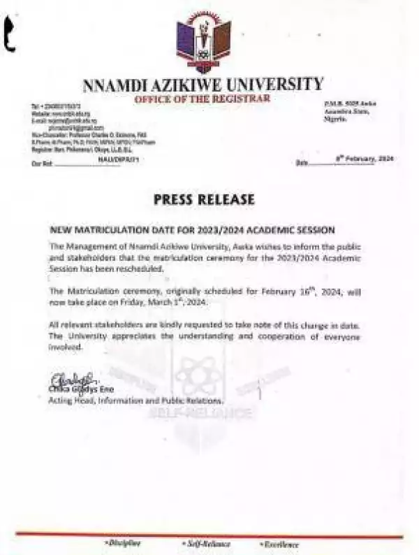 UNIZIK new matriculation date for 2023/2024 session