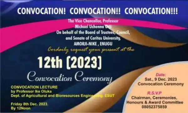 Caritas University announces 12th convocation ceremony,2023