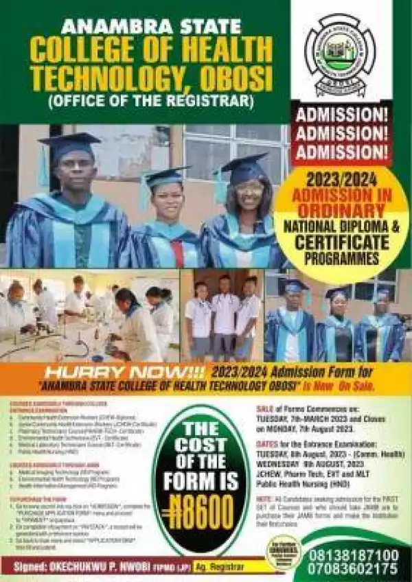 Anambra State College of Health Technology, Obosi 2023/2024 admission