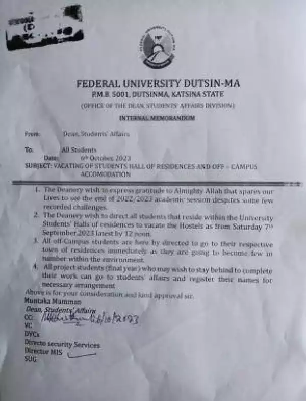 FUDutsinma notice on vacation of hostels
