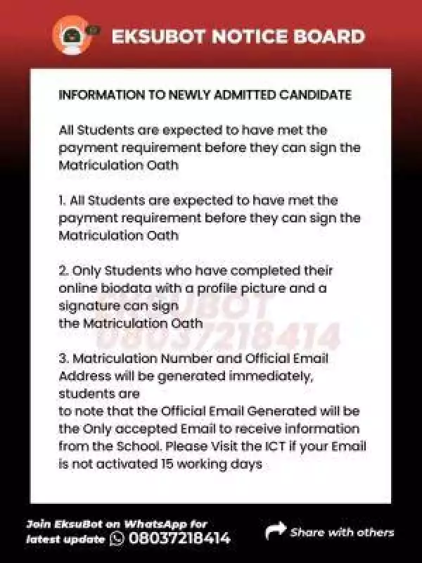 EKSU important notice to newly admitted students