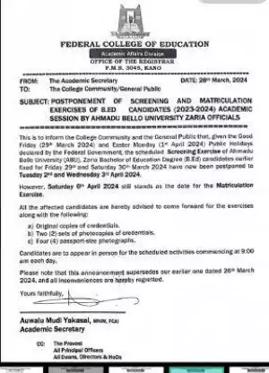 FCE Kano notice on postponement of screening & matriculation for degree candidates, 2023/2024