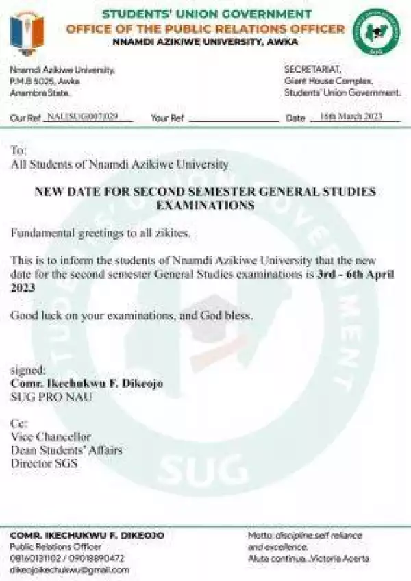 UNIZIK notice on new date for 2nd Semester GST examinations