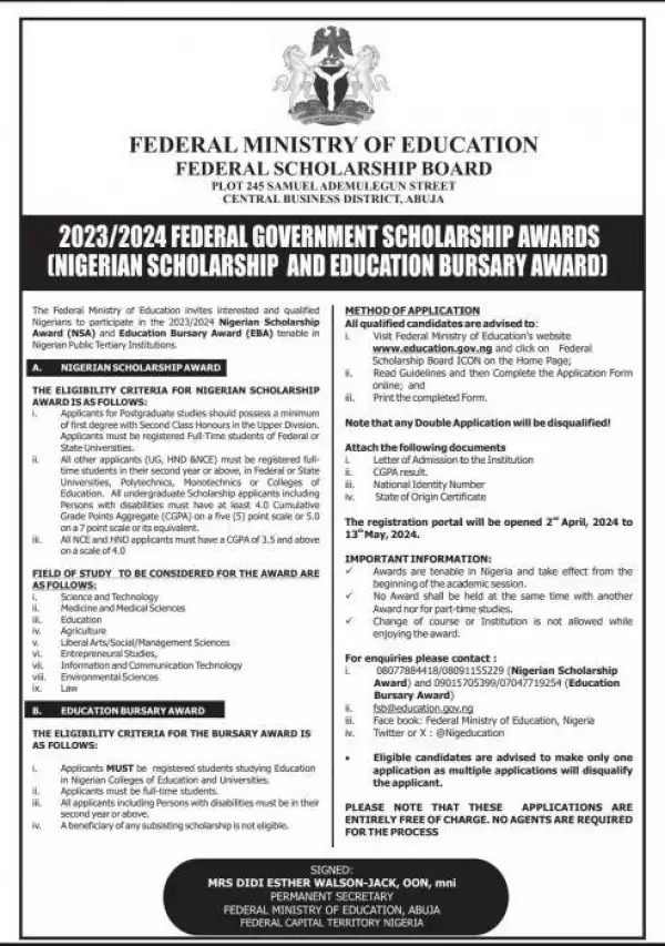 Federal Govt. Scholarship & Education Bursary Award for Nigerians, 2023/2024