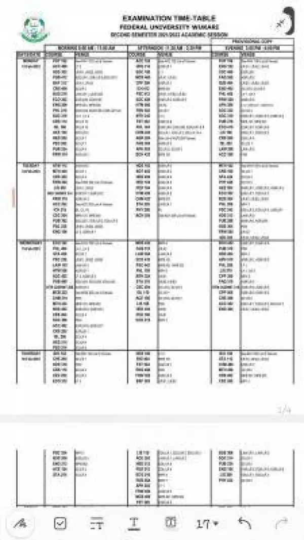 FUWukari 2nd semester examination timetable, 2021/2022