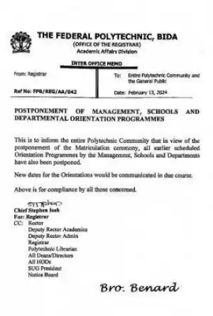 Fed Poly Bida postpones scheduled orientation programme
