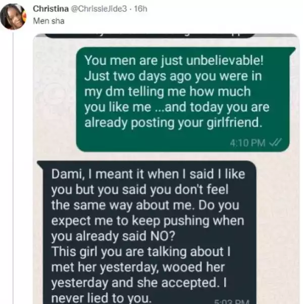 Man Explains Why He Flaunted His Girlfriend Two Days After He Was Turned Down By Another Girl