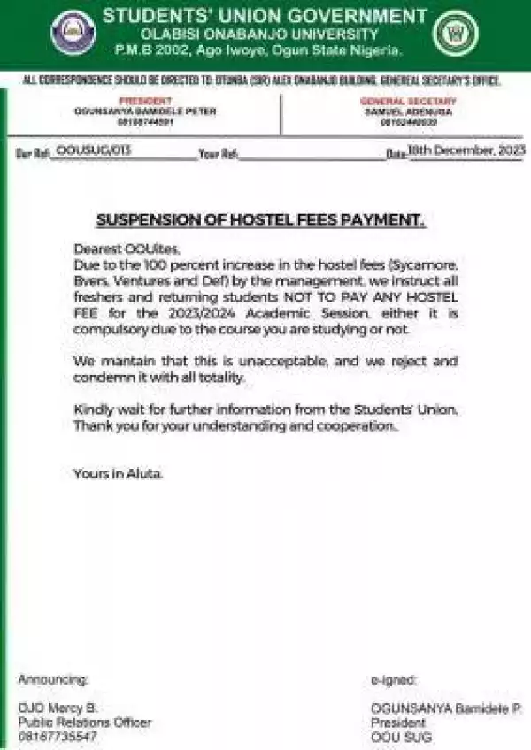 OOU SUG notice on suspension of hostel fees payment