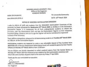 Modibbo Adama University notice of Matriculation ceremony, 2023/2024