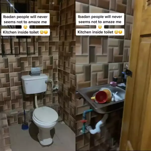 Kitchen built inside toilet in a self-contained apartment in Ibadan