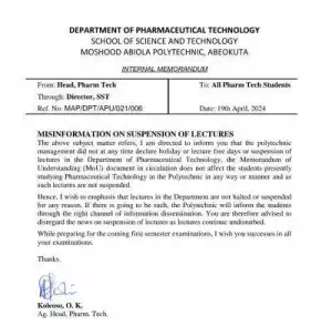 MAPOLY notice to Pharmaceutical Tech. students on misinformation regarding suspended Lectures