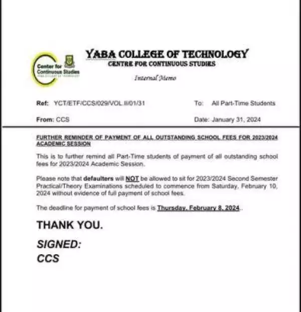 YABATECH notice to Part-time students on deadline for payment of school fees