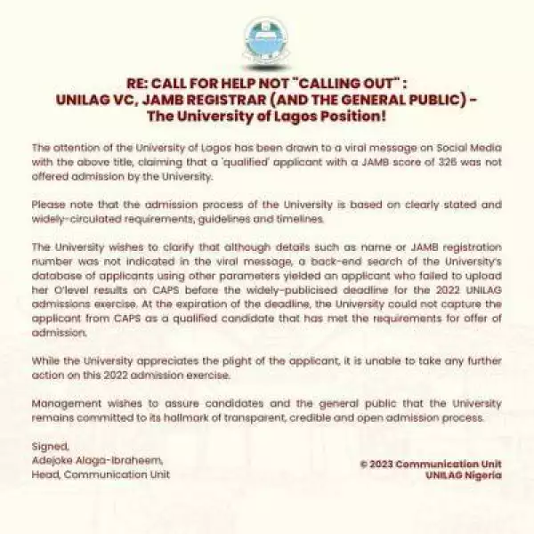 UNILAG explains why the schools didn’t admit applicant with 326 JAMB score