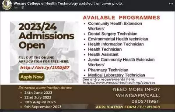 Wecare College of Health Technology Admission, 2023/2024