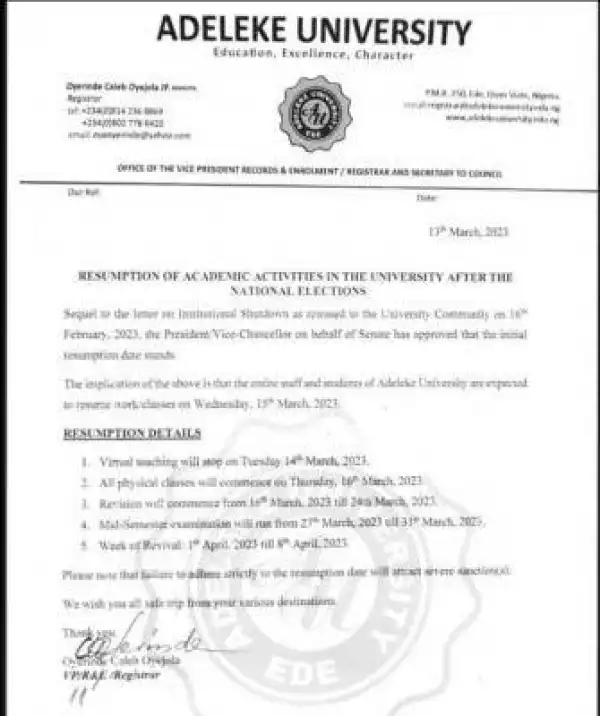Adeleke University notice of resumption of academic activities