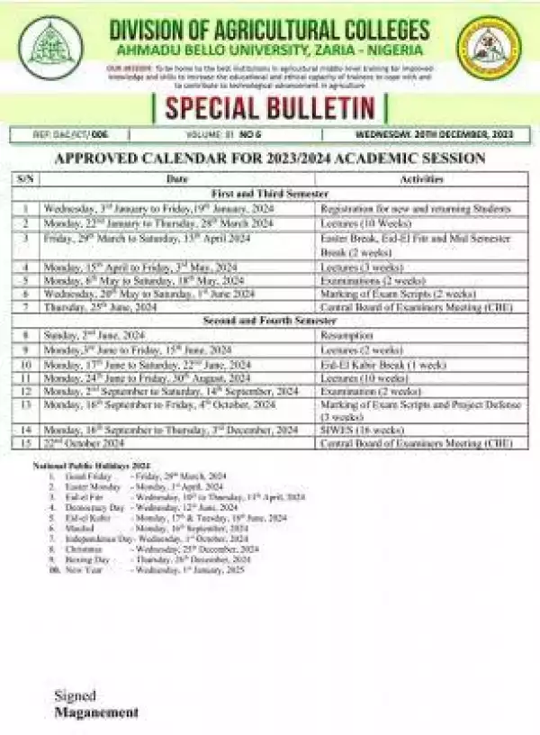 ABU Zaria Division of Agricultural College approved calender, 2023/2024