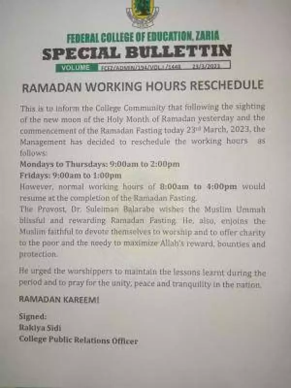 FCE Zaria notice on working hours during the Ramadan period