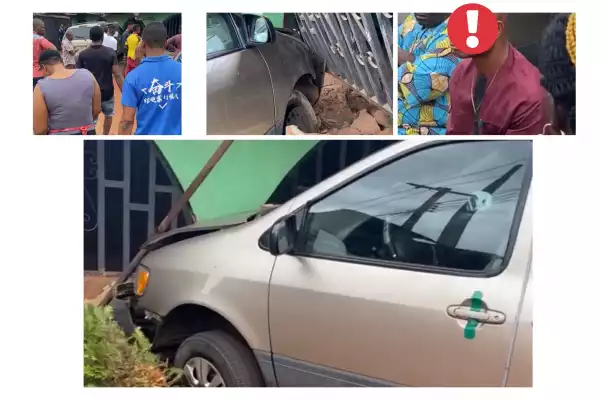 Shocking Video: Man rams car into a building in Benin City