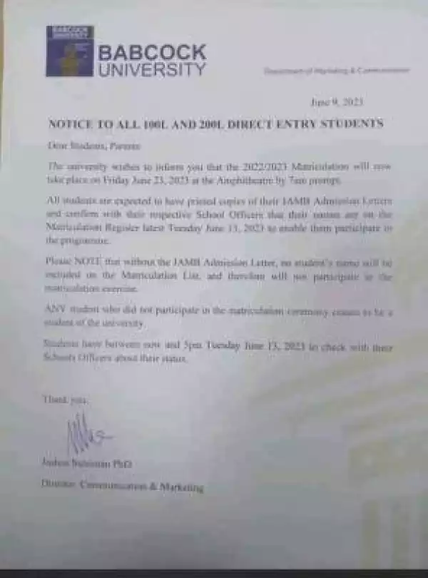 Babcock University notice to all 100L & 200L Direct Entry students