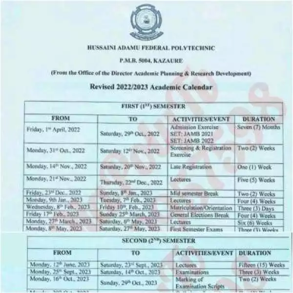 Hussaini Adamu Fed Poly revised academic calendar, 2022/2023