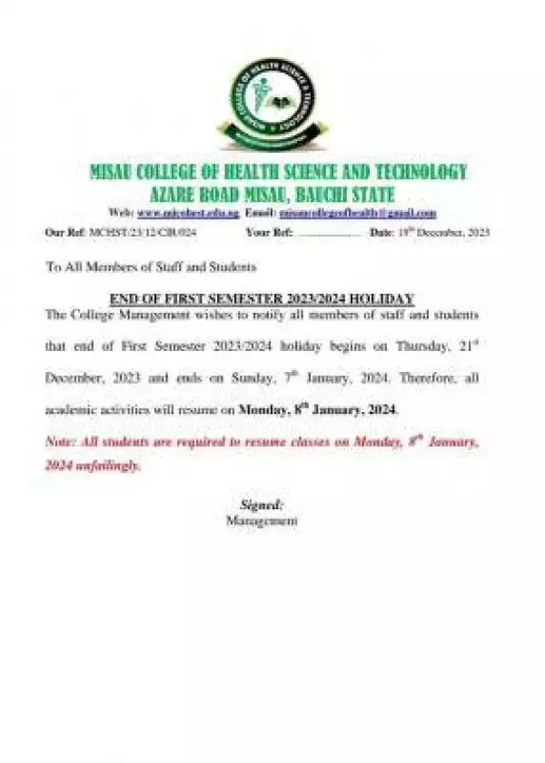 Misau College of Health Tech notice on end of 1st semester, 2023/2024