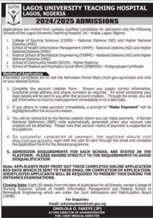 Lagos State University Teaching Hospital, Idi Araba admission forms, 2024/2025