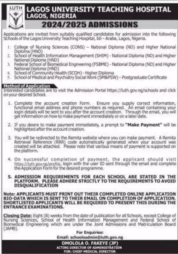 Lagos State University Teaching Hospital, Idi Araba admission forms, 2024/2025