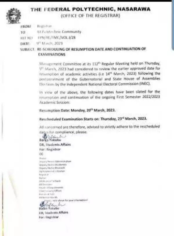 Fed Poly Nasarawa reschedules resumption date and continuation of ExaminationsFed Poly Nasarawa reschedules resumption date and continuation of Examinations